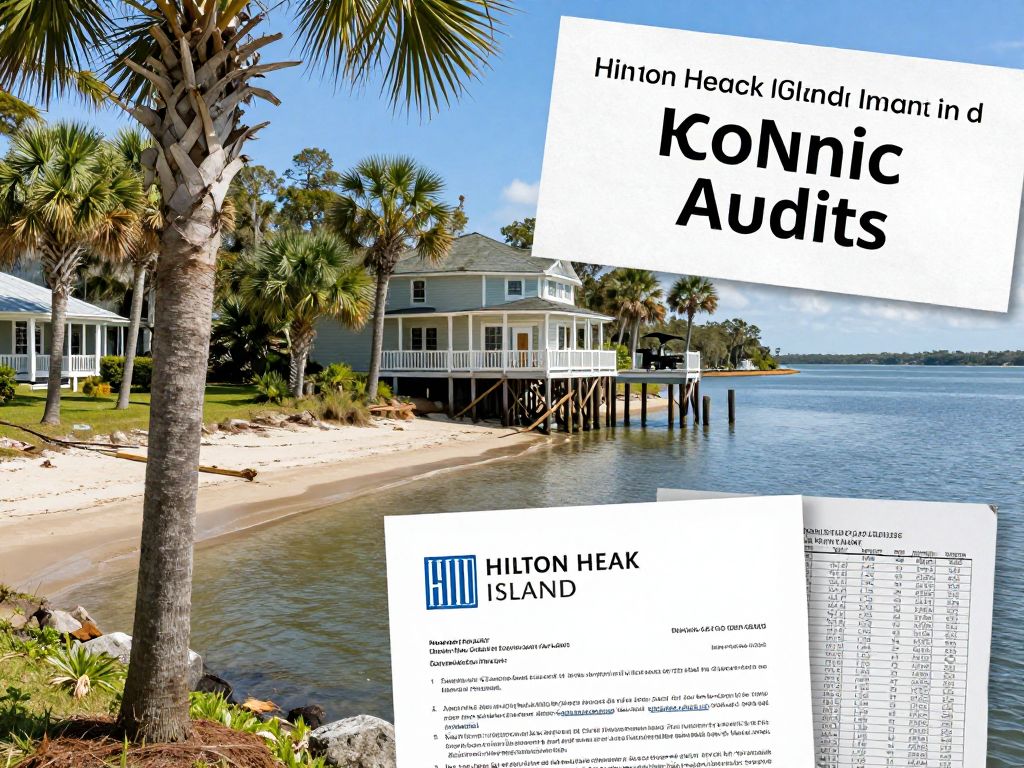 A scenic view of Hilton Head Island with financial documents overlay