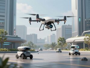 Futuristic autonomous delivery systems including drones and robots active in a city environment