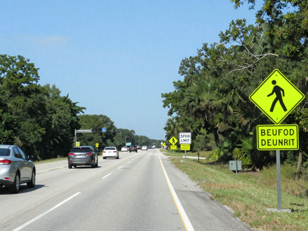 A busy Beaufort County highway emphasizing traffic safety measures.