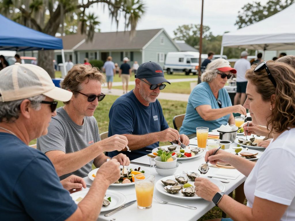 Dining scene at Beaufort Oyster Festival with guests enjoying oysters