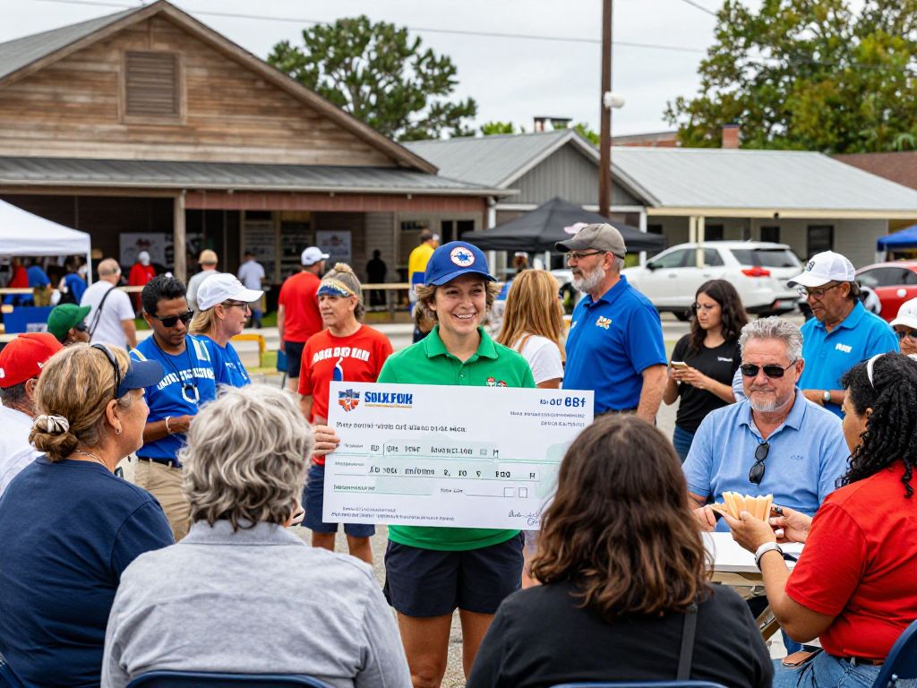 Community members celebrating a Powerball win in Beaufort near local businesses
