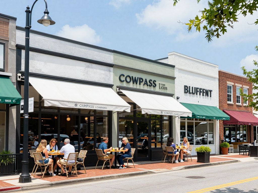 Street view of new restaurants at Compass Commons in Bluffton.