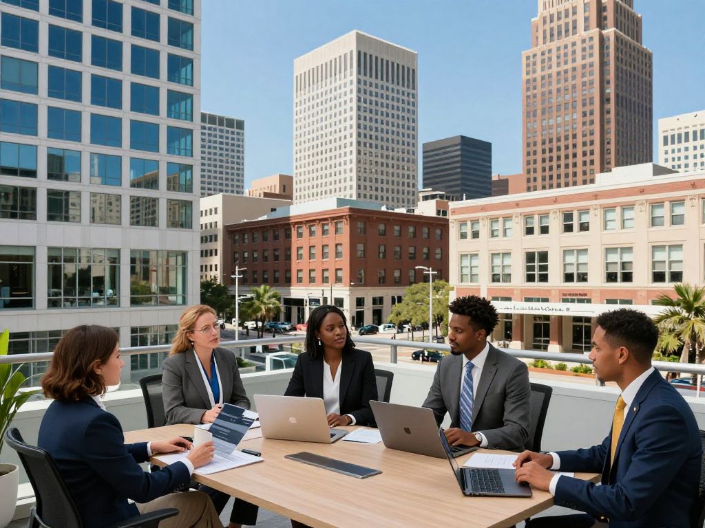 Cityscape of Charleston SC with business professionals