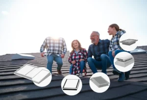 Family discussing roof ventilation systems with diagrams around them
