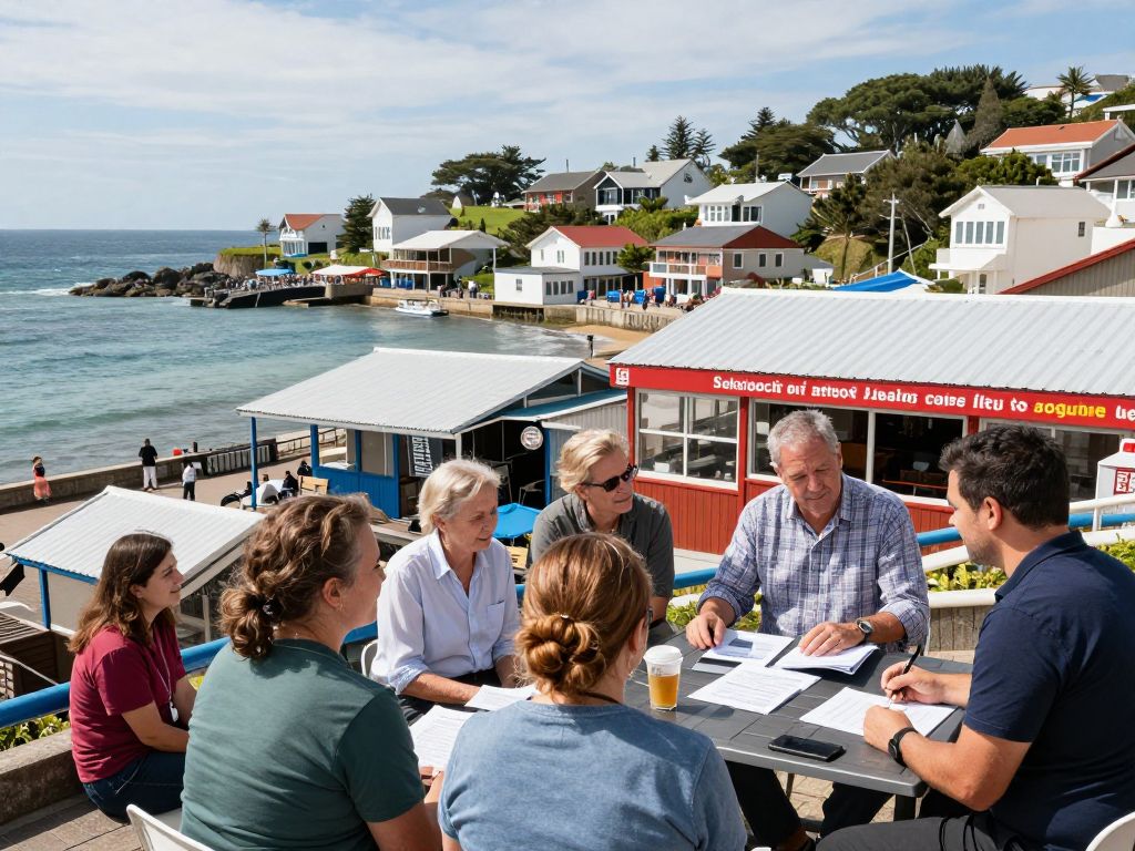 Coastal town with small businesses and banking professionals engaging with the community.