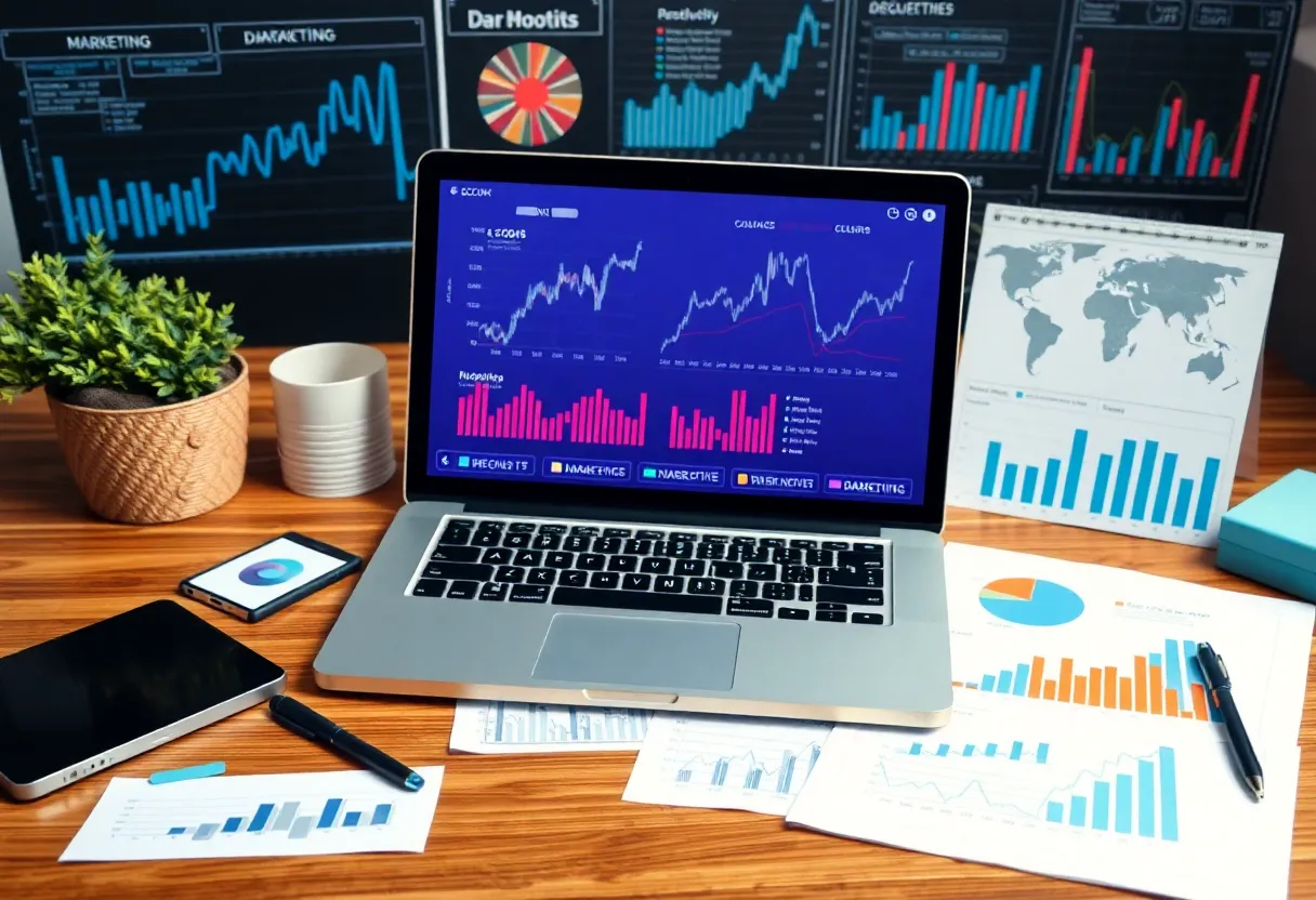 A workspace depicting data-driven digital marketing strategy elements.