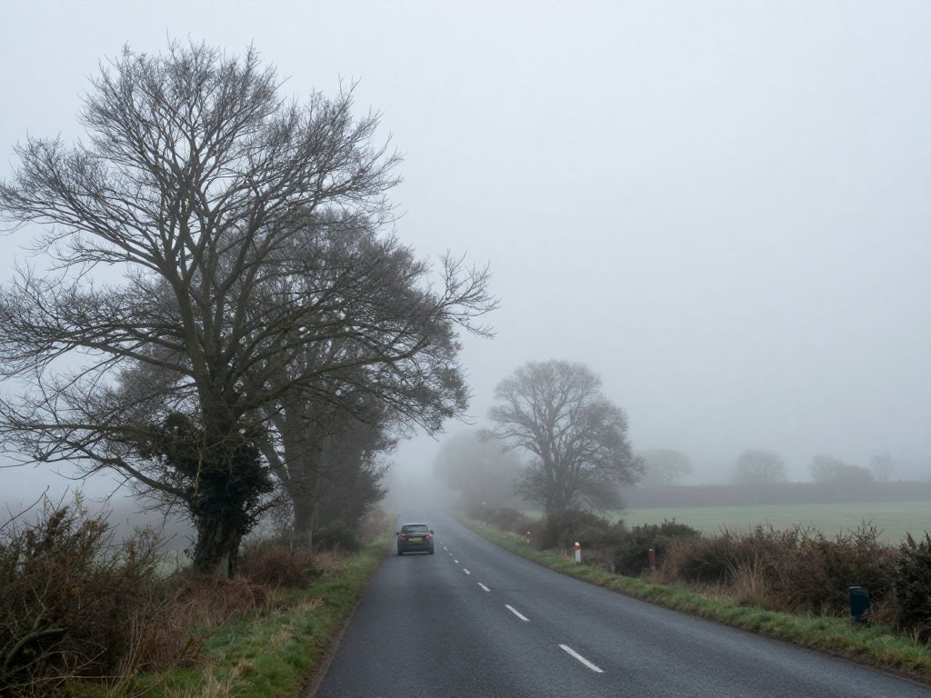 Dense fog enveloping a road in the Midlands area.