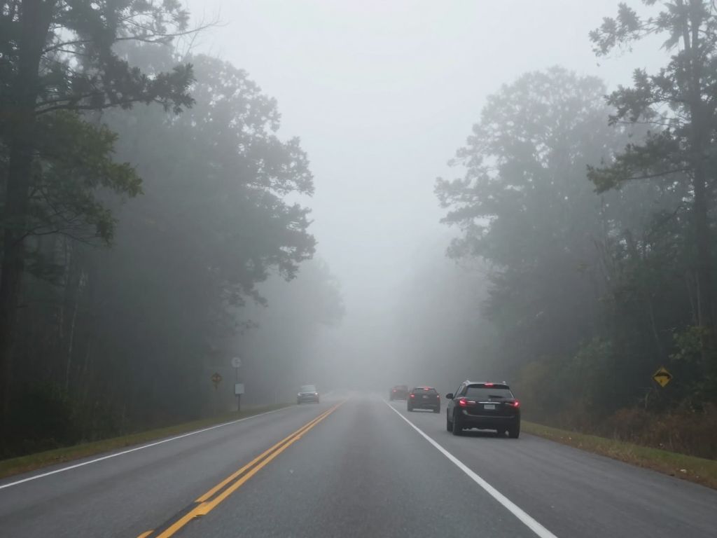 Fog-covered road in South Carolina reducing visibility