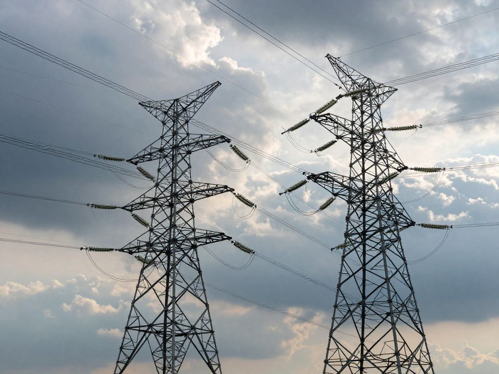 Electricity pylons and power lines against a dramatic sky