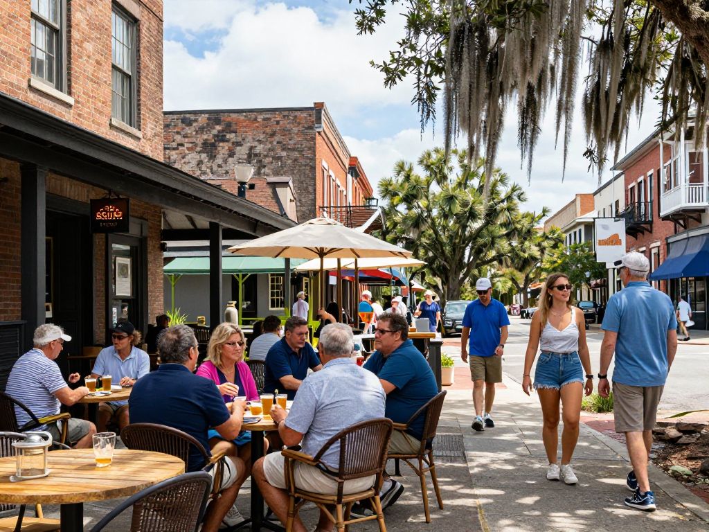 People enjoying drinks in downtown Beaufort's social district.