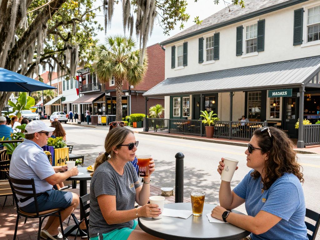 Vibrant scene in downtown Beaufort with people enjoying drinks outdoors.