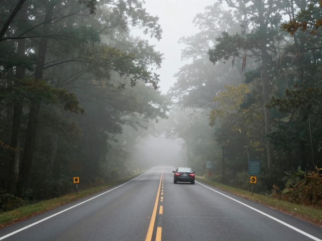 Fog obscuring a roadway in Upstate South Carolina