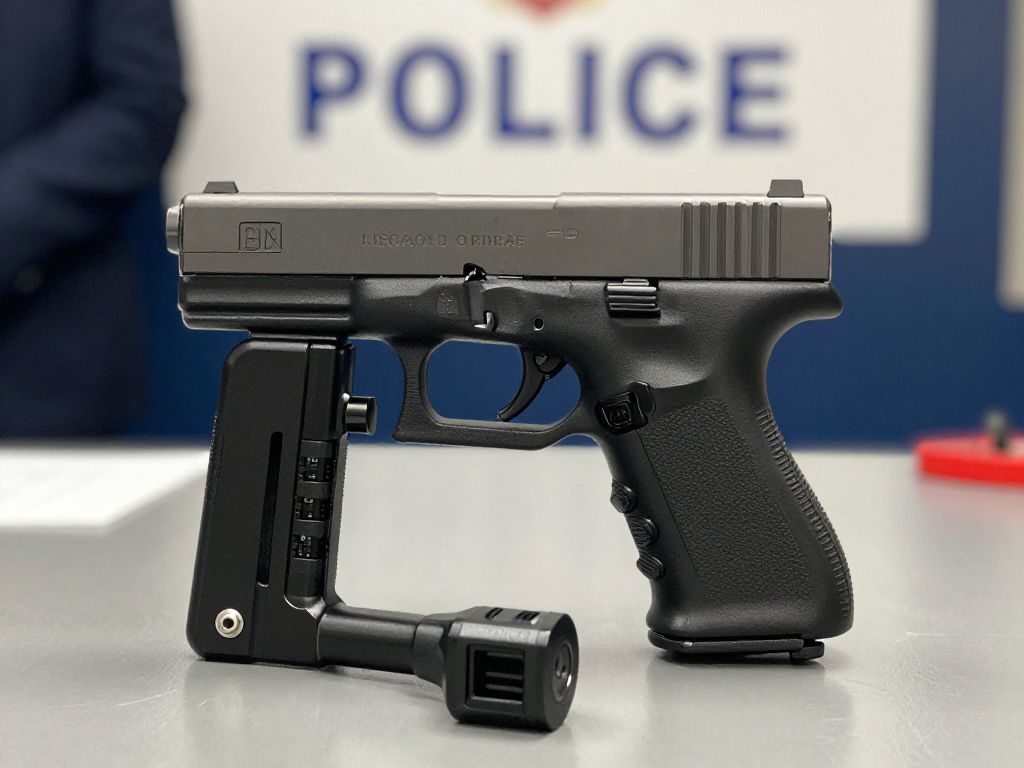 A Glock handgun modified with a switch device in a police evidence room.