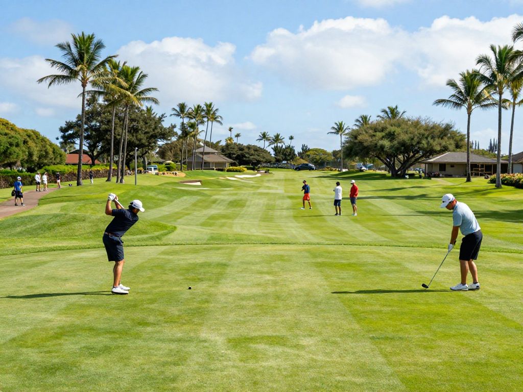 Scenic view of a golf course in Hawaii with green hills and bright blue sky.