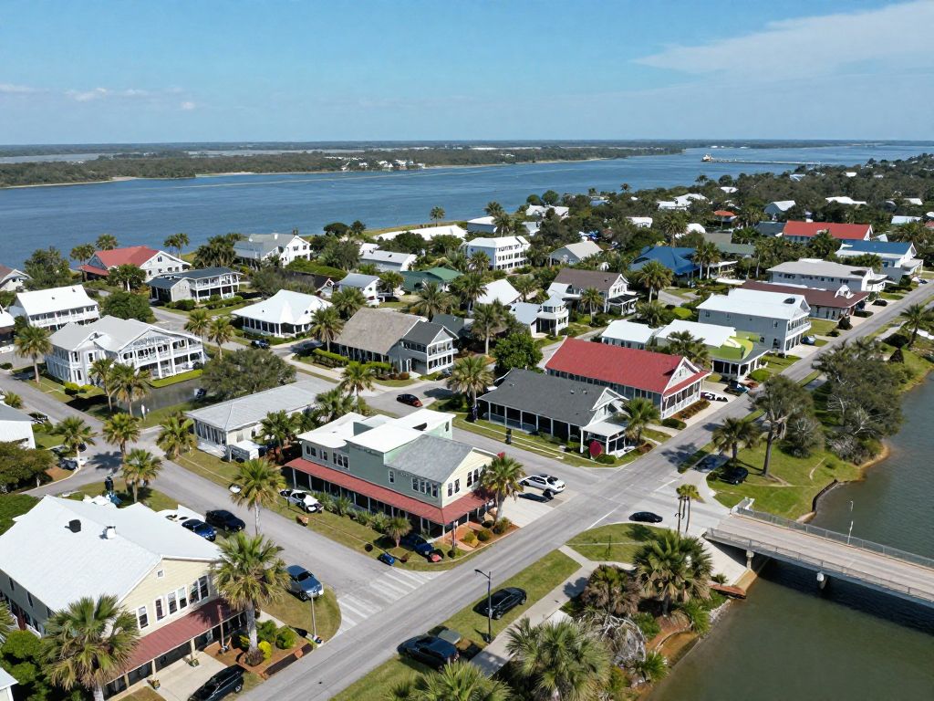 Aerial view of Hilton Head Island displaying local businesses.