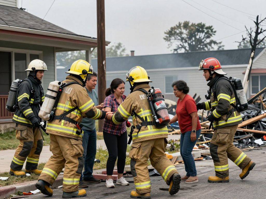 Firefighters providing aid after a tornado in a small town