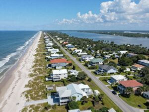 Aerial view of Hilton Head Island highlighting housing areas