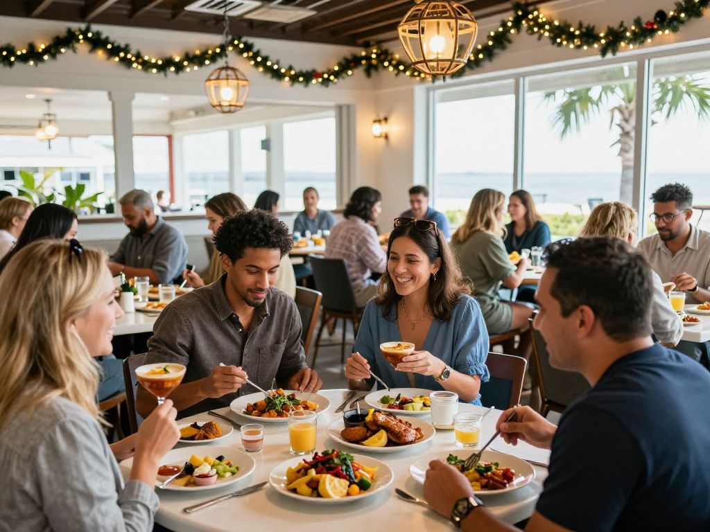 Diverse dining experience during Hilton Head Restaurant Week with smiling diners and beautifully presented dishes.