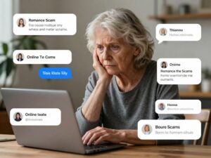 An elderly woman looking concerned while using her laptop, representing online scam risks.
