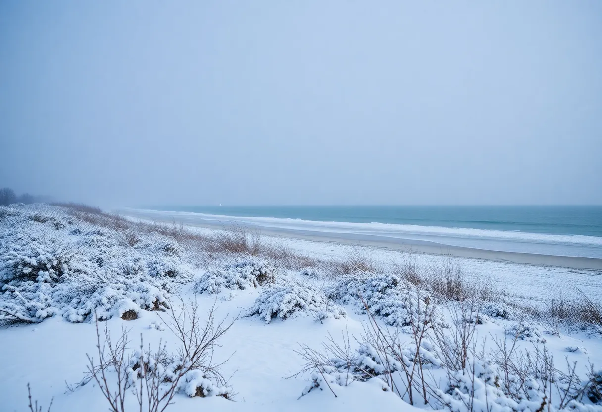 Snow-covered Hilton Head Island beach during a winter storm