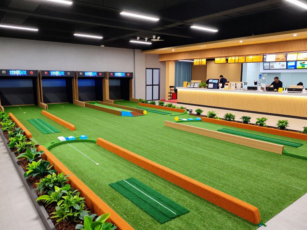 Indoor mini golf course with vibrant décor and entertainment area