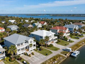 Aerial view of luxury vacation homes and beach on Hilton Head Island