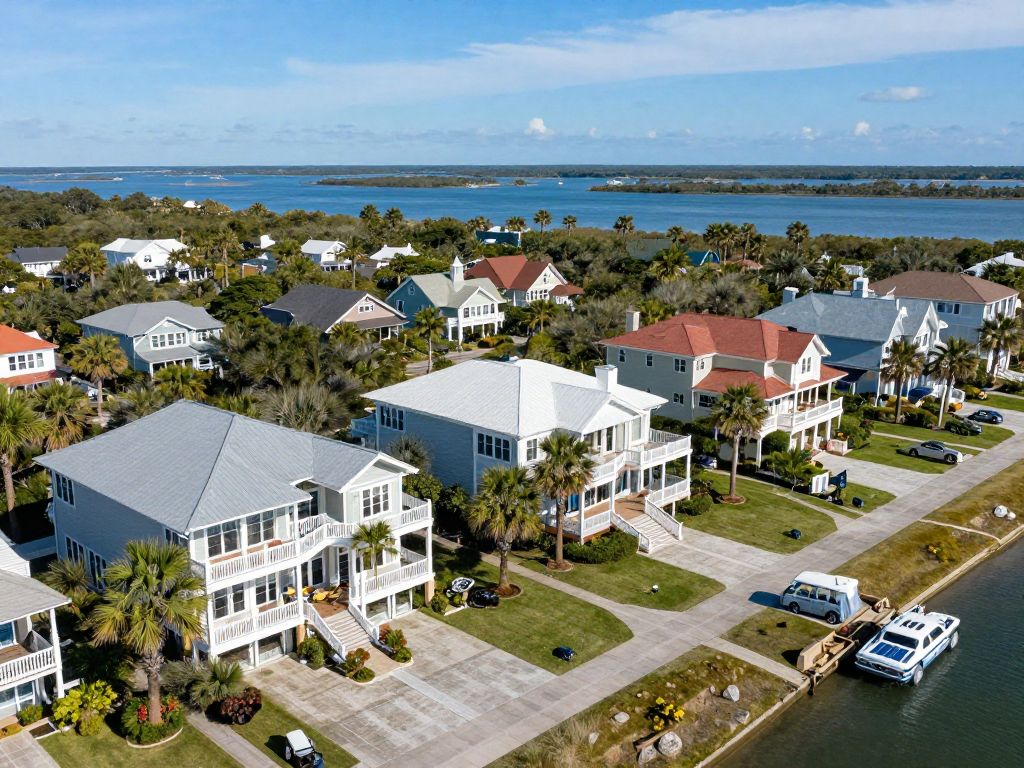 Aerial view of luxury vacation homes and beach on Hilton Head Island