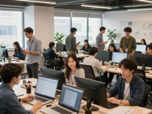 Entrepreneurs collaborating in a modern coworking space in Hilton Head