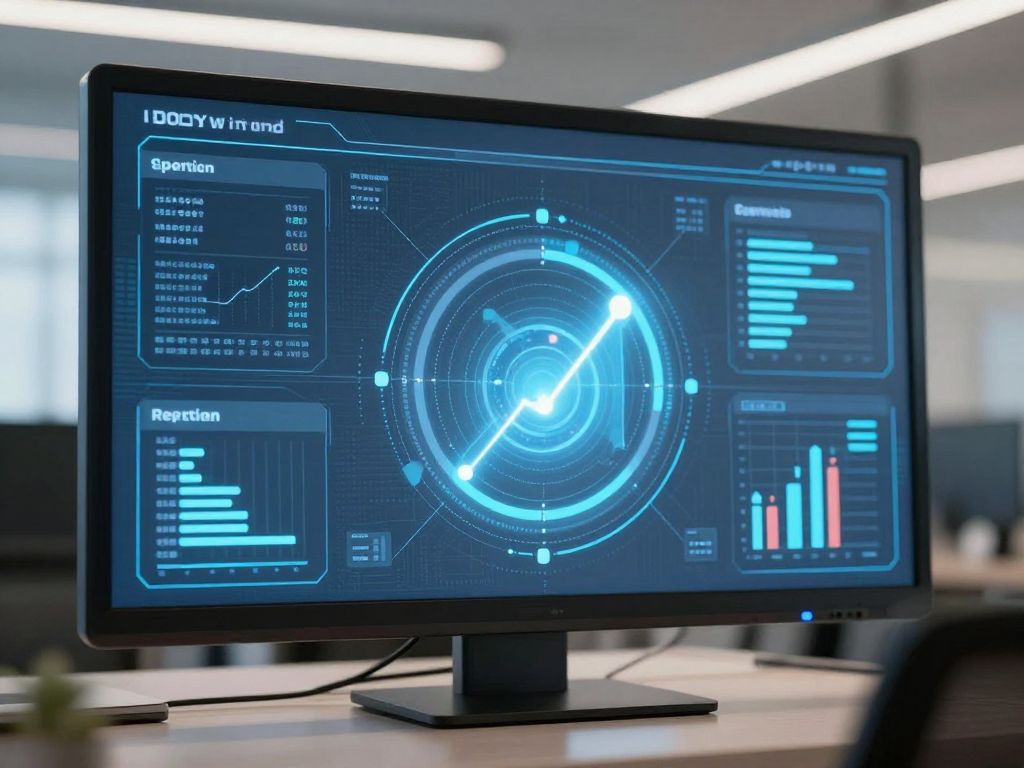Illustration of a digital reputation management tool with graphs and data in a corporate setting.