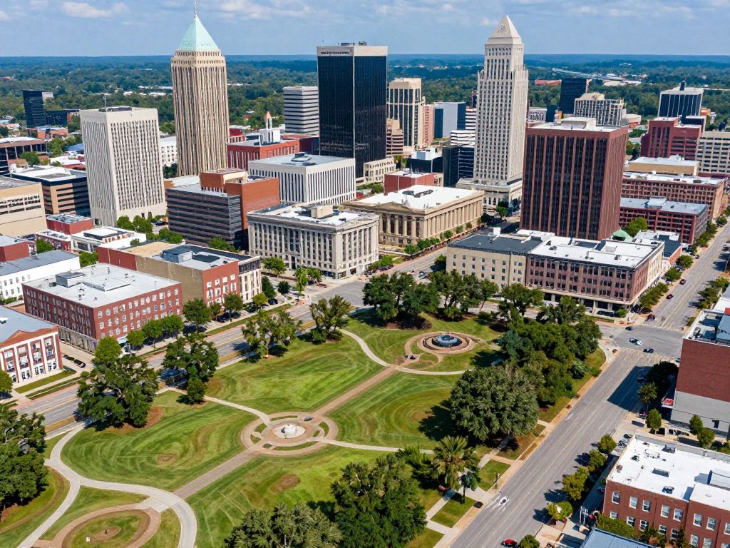 Aerial view of a livable city in South Carolina highlighting parks and urban areas.