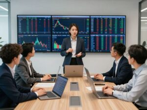 Investors strategizing in a modern office about stock picking in 2025