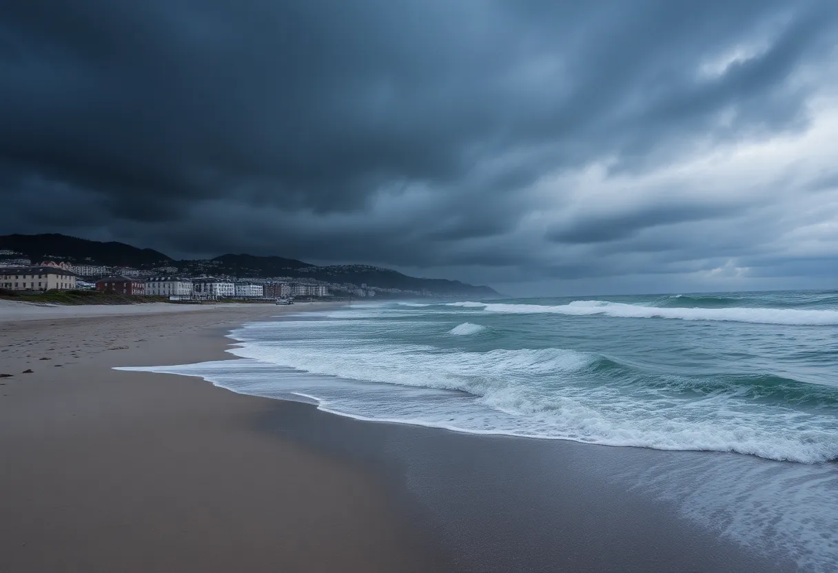 Dark clouds over a beach indicating an approaching winter storm