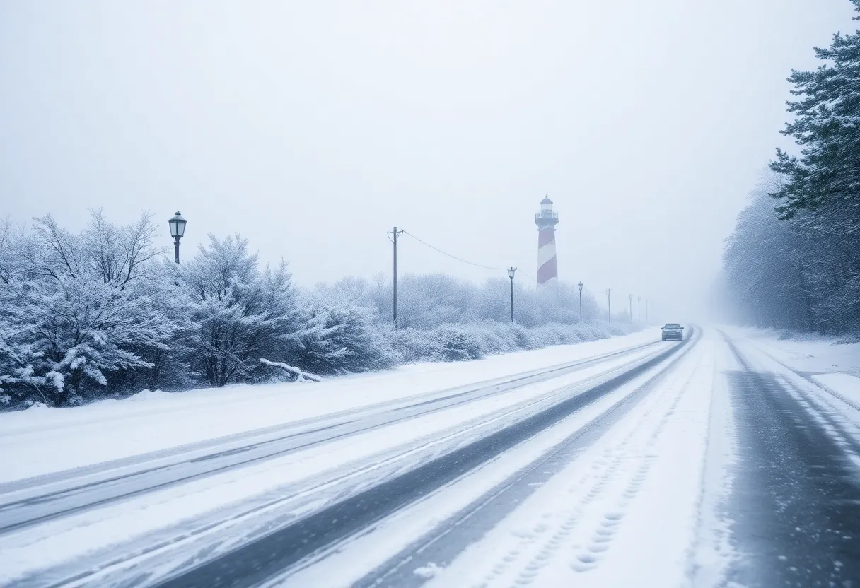 A winter storm affecting Hilton Head Island with snow-covered trees and icy roads.