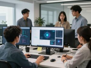 Teams collaborating in a modern office with AI-driven analytics.