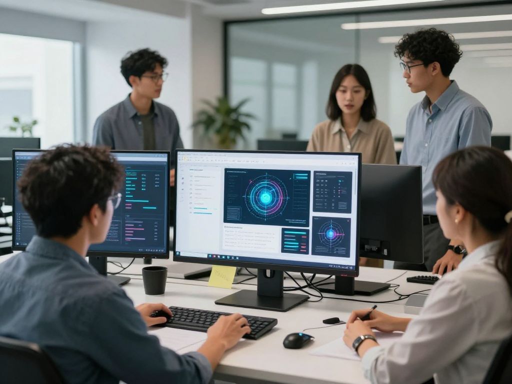 Teams collaborating in a modern office with AI-driven analytics.