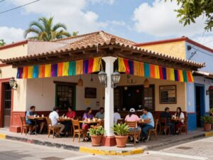 Exterior view of Alchile Mexican Grill with vibrant colors and outdoor seating in Bluffton.