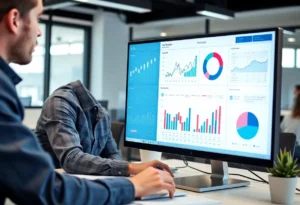 A digital marketer analyzing behavioral analytics data on a computer screen.