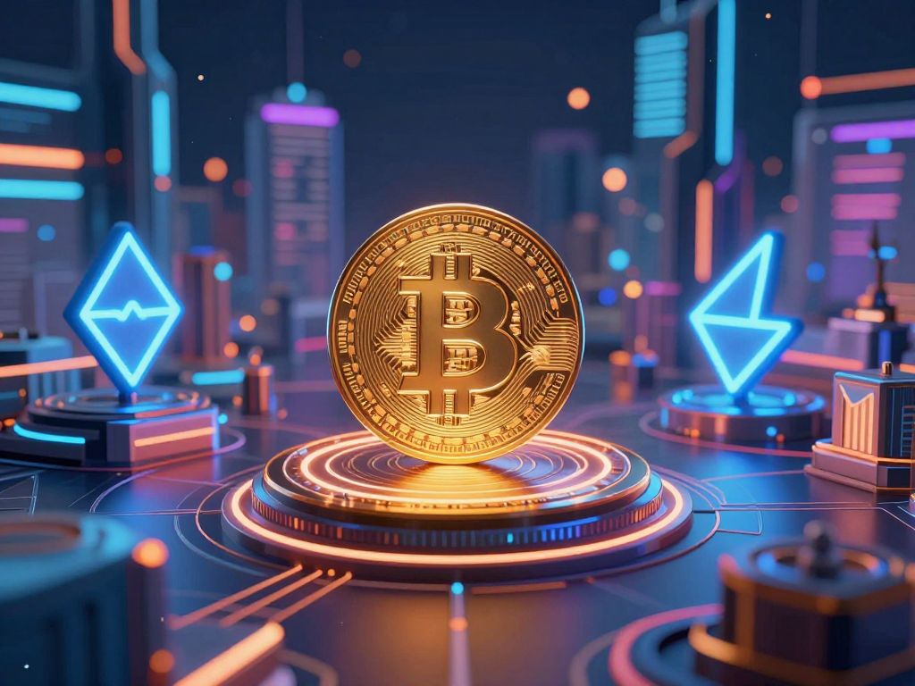 Digital art of a futuristic landscape featuring Bitcoin and Ether symbols.