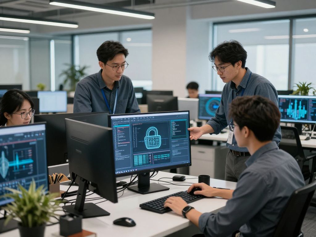 A diverse team collaborating on cybersecurity solutions in an office setting.