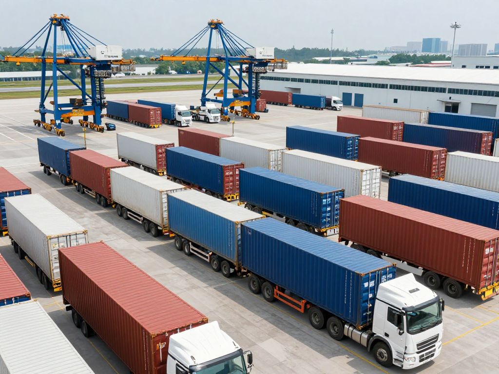 Logistics operations at Falcone Capital Holdings showcasing containers and freight vehicles.