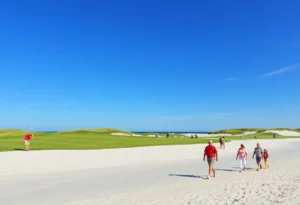A sunny beach day at Hilton Head Island with clear skies and outdoor activities.