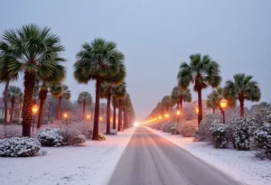 Snow-covered palm trees in Hilton Head Island winter storm