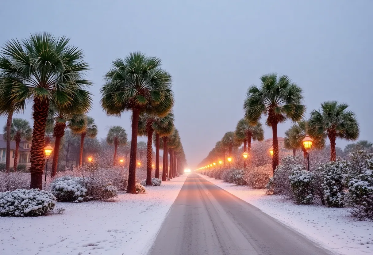 Snow-covered palm trees in Hilton Head Island winter storm