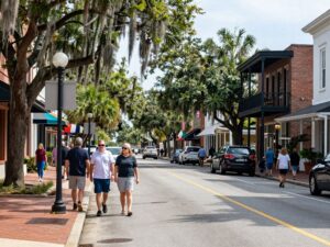 A busy Bay Street in Beaufort with shops and pedestrians after infrastructure improvements.