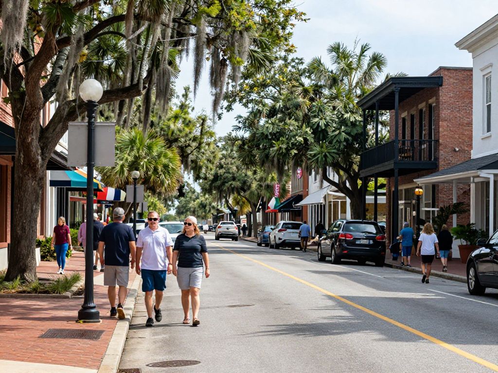 A busy Bay Street in Beaufort with shops and pedestrians after infrastructure improvements.