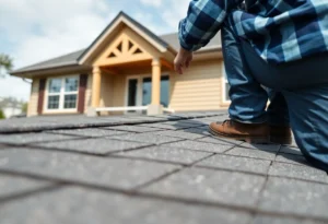 Homeowner inspecting roof shingles for damage.