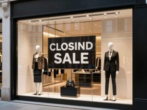 Luxury retail store with a closing sale sign