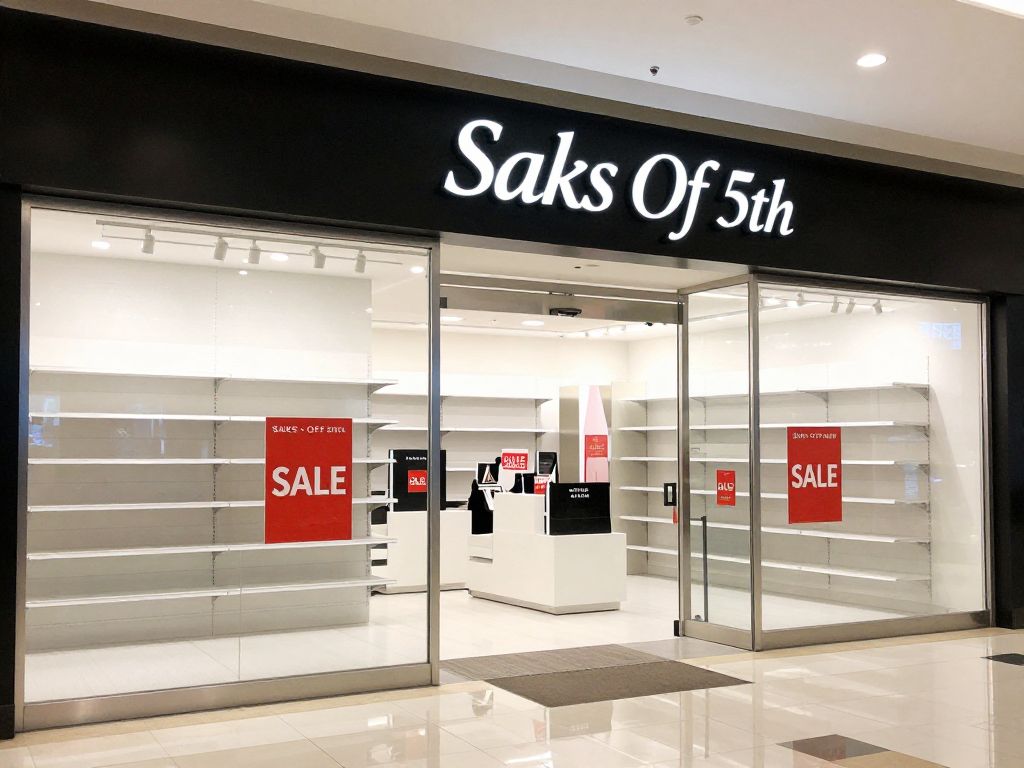 Interior of a closed Saks Off 5th store with sale signs
