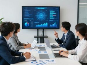 Professionals discussing financial reports and digital marketing strategies in a meeting room