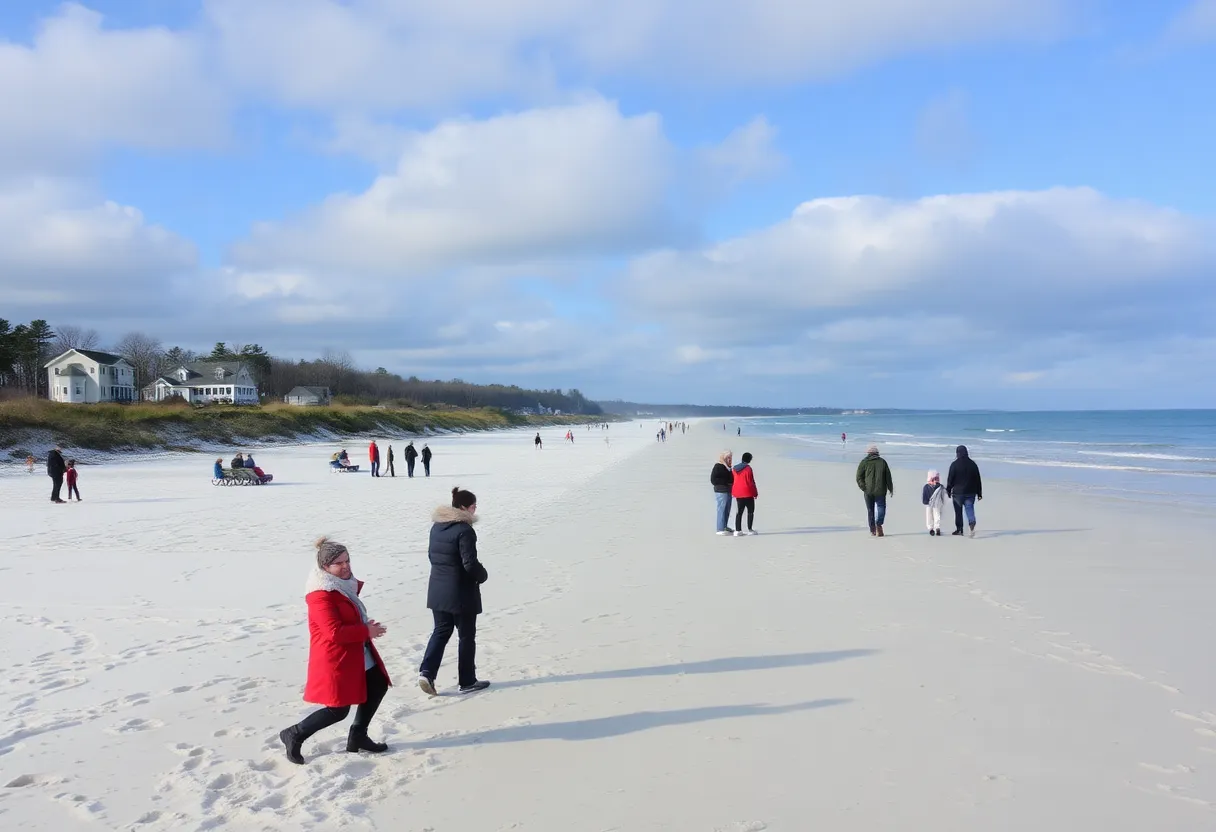 Chilly beach scene on Hilton Head Island with residents enjoying winter activities.